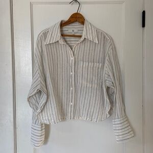 Banana Republic linen, white striped cropped button-down shirt – size large